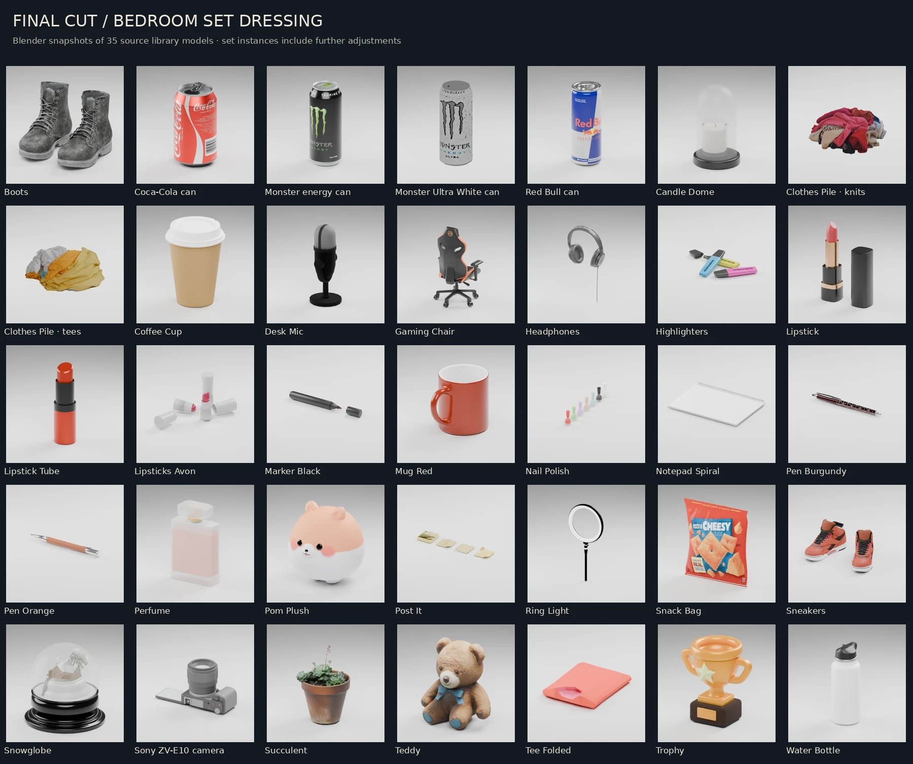Thirty-five bedroom props, including four cans, the camera, ring light, chair and desk clutter