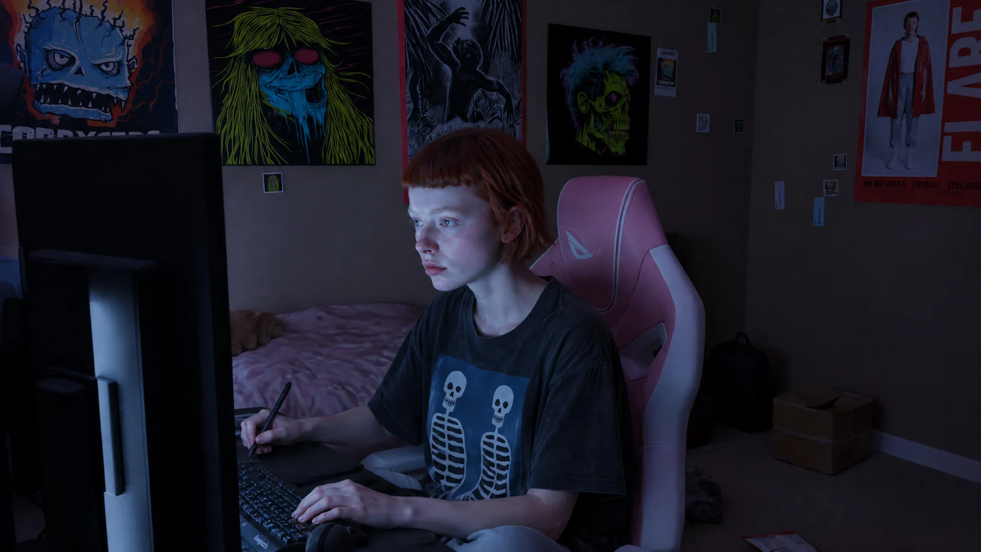 FLARE at her desk in the blue light of night
