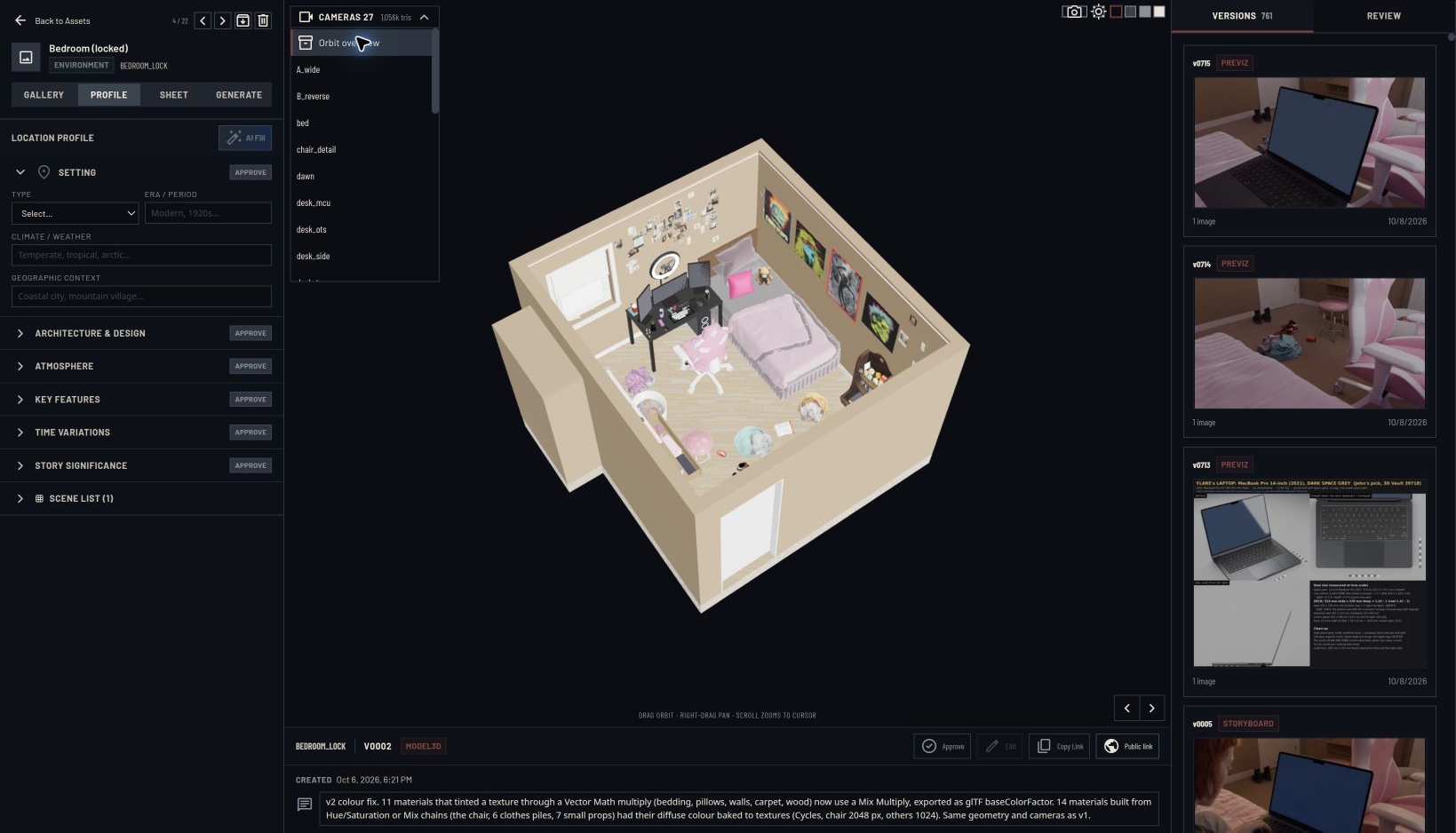 Three.js bedroom set with selectable cameras