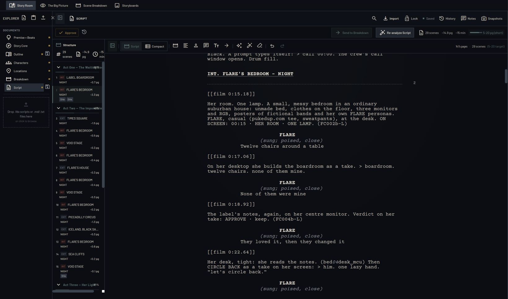 Script: opening scene and production notes
