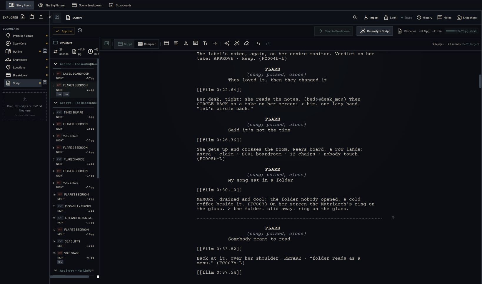 Script: sung lyrics, timings and shot directions