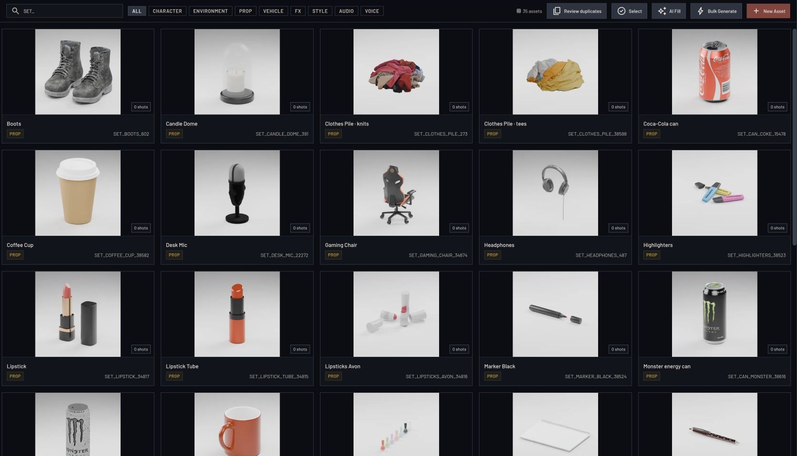 Set-dressing asset library with thumbnails for cans, clothes, cosmetics, camera equipment and desk clutter