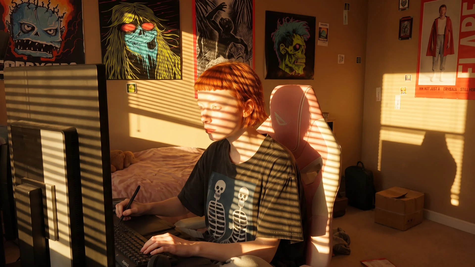FLARE in the same bedroom with warm sunlight through the window